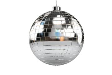 A Shimmering Silver Disco Ball Hanging in Suspended Animation on a Clear PNG or White Background.
