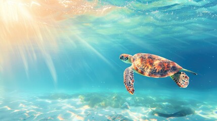 Obraz premium Sea turtle swimming in sunny turquoise waters with banner and space for text