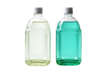 Two Clear Plastic Bottles Filled With Liquid, One Yellowish and One Teal Blue, Against a White Background on a Clear PNG or White Background.