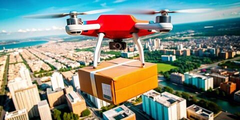 Fototapeta premium A high-speed drone with a delivery package hovers mid-air against a blurred cityscape, showcasing the dynamic and innovative approach to modern logistics and urban transportation.