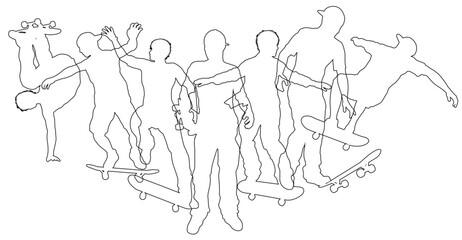 Skateboarders skateboarding on skate boards silhouette people set. Active sports people healthy players fitness silhouettes concept.