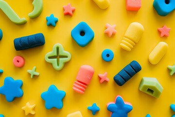 Obraz premium Colorful novelty erasers in various shapes on a playful background, top view, emphasizing creativity and fun, technology tone, Complementary Color Scheme