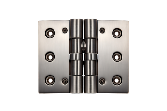 A Pair of Elegant Satin Nickel Door Hinges for a Sleek and Modern Entrance on a Clear PNG or White Background.