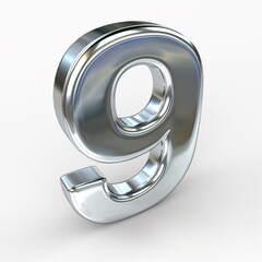 a shiny chrome number 9 on a white background, ideal for use in design projects and numeric displays.