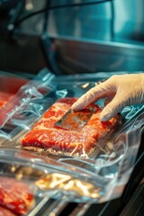 A person wearing a white glove cuts meat, possibly in a kitchen or butcher shop