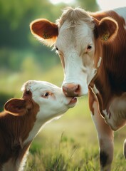 A close-up of a mother cow and her calf nuzzling, showcasing the tender bond and love between them in a serene field.