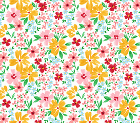 Seamless ditsy floral pattern. Cute garden flowers and leaves colorful pattern. Design for fashion textiles, fabric, print, graphics, backgrounds and crafts.