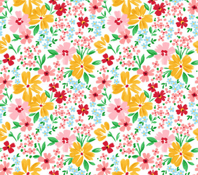 Seamless ditsy floral pattern. Cute garden flowers and leaves colorful pattern. Design for fashion textiles, fabric, print, graphics, backgrounds and crafts.