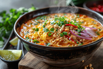 Hyperrealistic close-up of a steaming bowl of Khao Soi, with crispy fried noodles, thick yellow curry, and vibrant red shallots