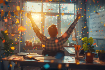 A man sitting on chair throws their arms up in victory, surrounded by ribbon flakes