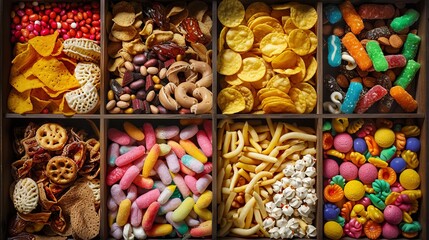 Fototapeta premium Box of assorted processed snacks, focus on the variety, indulgence theme, vibrant, composite, pantry shelf backdrop