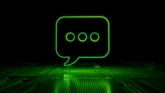 Green neon light sms icon. Vibrant colored Text technology symbol, on a black background with high tech floor. 3D Render
