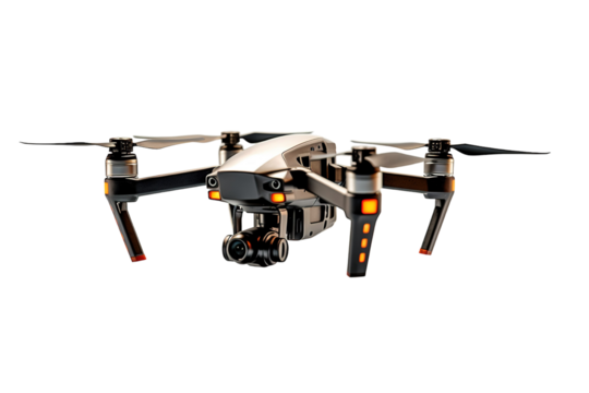 A Glimpse of the Future: A Black and Silver Drone Hovering in Mid-Air on a Clear PNG or White Background.