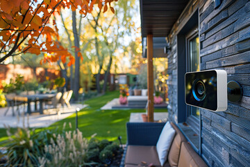 An IP camera is installed on the wall of a luxury house with a swimming pool. The concept of protecting private property. Generated by artificial intelligence