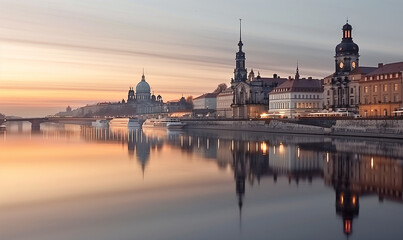 Fototapeta premium nacht, stadt, fluss, architektur, europa, brücke, sachsen, illustrativ, ki, fiktkiv, semperoper, brühlische terasse, schiffe, dresden, elbe, elbtal, kirche, wasser, burg, prag, cathedral, emporragen, 