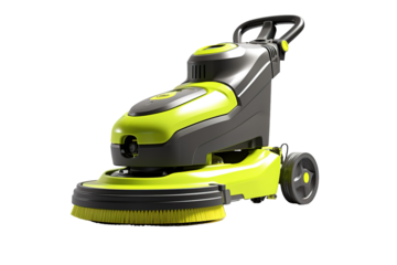 A Green And Grey Floor Scrubber With A Bright Yellow Bristle Brush on a Clear PNG or White Background.