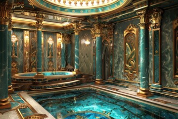 Obraz premium A bathroom featuring a large blue soaking tub