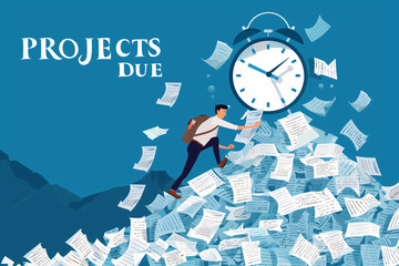Man struggles to climb mountain of paperwork with clock in background