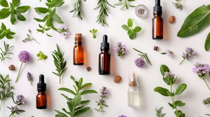 Overhead shot of various cosmetic bottles surrounded by herbs, promoting organic beauty products, white background, isolated, studio lighting, raw style