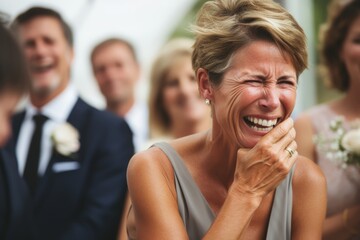 Mother  wiping away tears of joy at her child's wedding in the blurred background