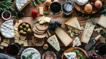 Overhead view of a winter-themed wine and cheese gathering, perfect for a cafe, featuring red and white wines, artisanal cheeses, raw and detailed