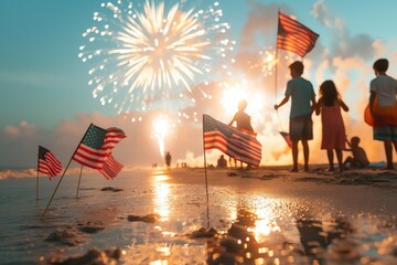 Lively 4th of July beach celebration, with families enjoying the sun, American flags planted in the sand, and a spectacular fireworks show reflecting over the ocean