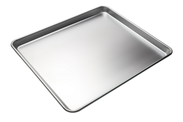 Shiny, New, Stainless Steel Baking Sheet Ready for the Oven on a Clear PNG or White Background.