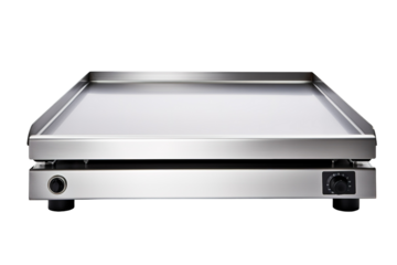 Shiny Stainless Steel Electric Griddle Ready For Kitchen Cooking on a Clear PNG or White Background.