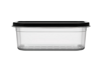 A Clear Plastic Container With a Black Lid Ready for Storage on a Clear PNG or White Background.
