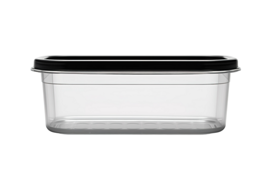 A Clear Plastic Container With a Black Lid Ready for Storage on a Clear PNG or White Background.