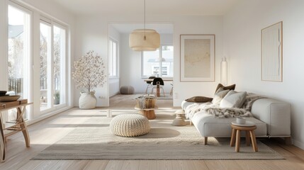 interior design spacious bright studio apartment in Scandinavian style and warm pastel white and beige colors. trendy furniture in the living area and modern details in the kitchen area.