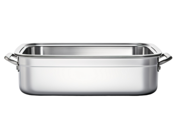 A Gleaming Stainless Steel Baking Dish Ready for a Delicious Creation on a Clear PNG or White Background.
