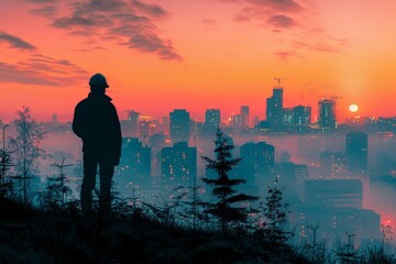 Fototapeta premium A silhouette of an engineer inspecting the progress of a construction site with a city skyline in the background , abstract , background