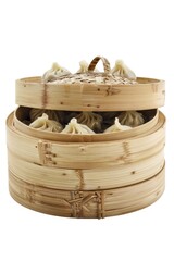 Freshly cooked dumplings in a traditional bamboo steamer basket