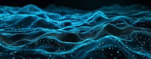 Fototapeta premium Blue digital waves with glittering lights creating a sense of movement and depth, perfect for technology and digital-themed projects.
