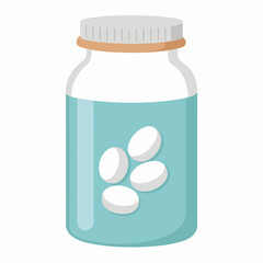 Jar of pills on white background, with keywords on containers and chemicals
