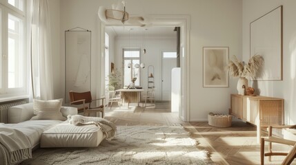 interior design spacious bright studio apartment in Scandinavian style and warm pastel white and beige colors. trendy furniture in the living area and modern details in the kitchen area.