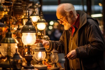 Naklejka premium Elderly man inspecting a vintage lamp at a secondhand shopping market