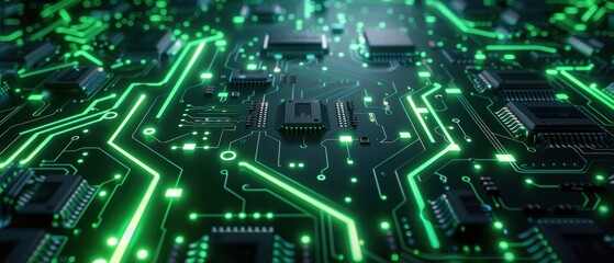 Obraz premium Green Circuit Board with Glowing Lines.