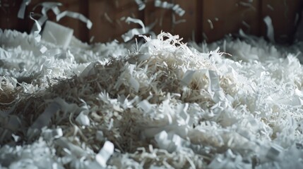 Pile of shredded paper waste in a messy environment, potentially suggesting chaos or disorganization