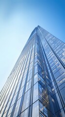 Naklejka premium Tall glass skyscraper against blue sky, featuring modern architecture with reflective windows and sleek design.