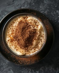 Top-down view of a delicious tiramisu dessert elegantly dusted with cocoa powder