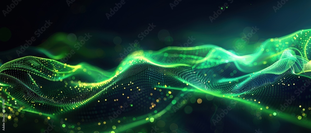 Wall mural Abstract Green Waves and Particles Background. - Wall murals