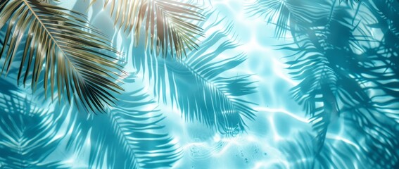 Close-up shadows of palm fronds on the water, blurred backgrounds and banners containing areas of replicated space. Soft blue style for summer concept.