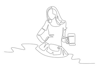 Beautiful woman with a glass of beer. Oktoberfest concept one-line drawing