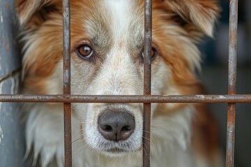 A sad dog looking out from a shelter cage, emphasizing the need for pet adoption and animal welfare, ideal for animal rights and pet adoption-themed projects.