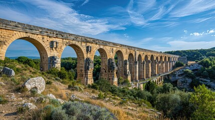 Obraz premium A picturesque scene of a large stone bridge spanning a lush green hillside, perfect for travel or landscape photography