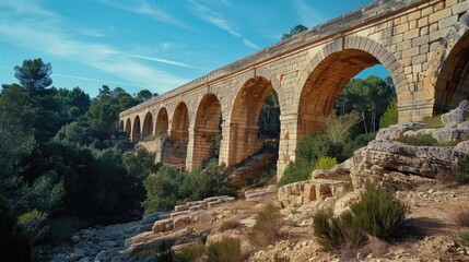 Obraz premium A serene scene of a stone bridge spanning across a gentle river, flanked by lush greenery