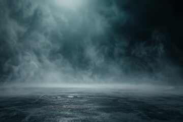 Fototapeta premium A foggy, desolate landscape under a dim light, creating a mysterious and eerie atmosphere, ideal for thriller and atmospheric-themed projects.