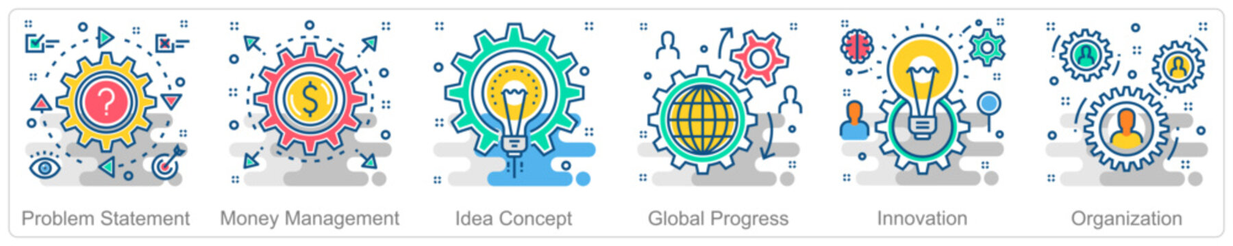 A set of 6 Business icons as problem statement, money management, idea concept